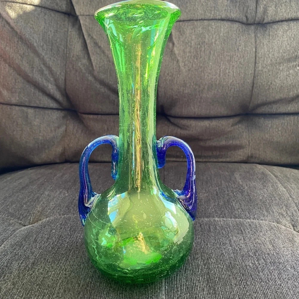 Handblown Glass Vase Murano? Blue and Green 7.25in